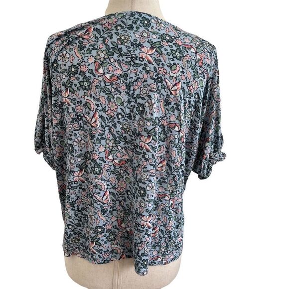 LOFT Floral + Butterfly Print Short Sleeve Rayon Top Small Pastel Pink + Blue - Picture 5 of 8